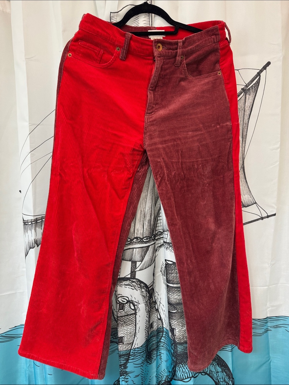 Boutique Two-Tone Corduroy Wide-Leg Pants - Red & Burgundy